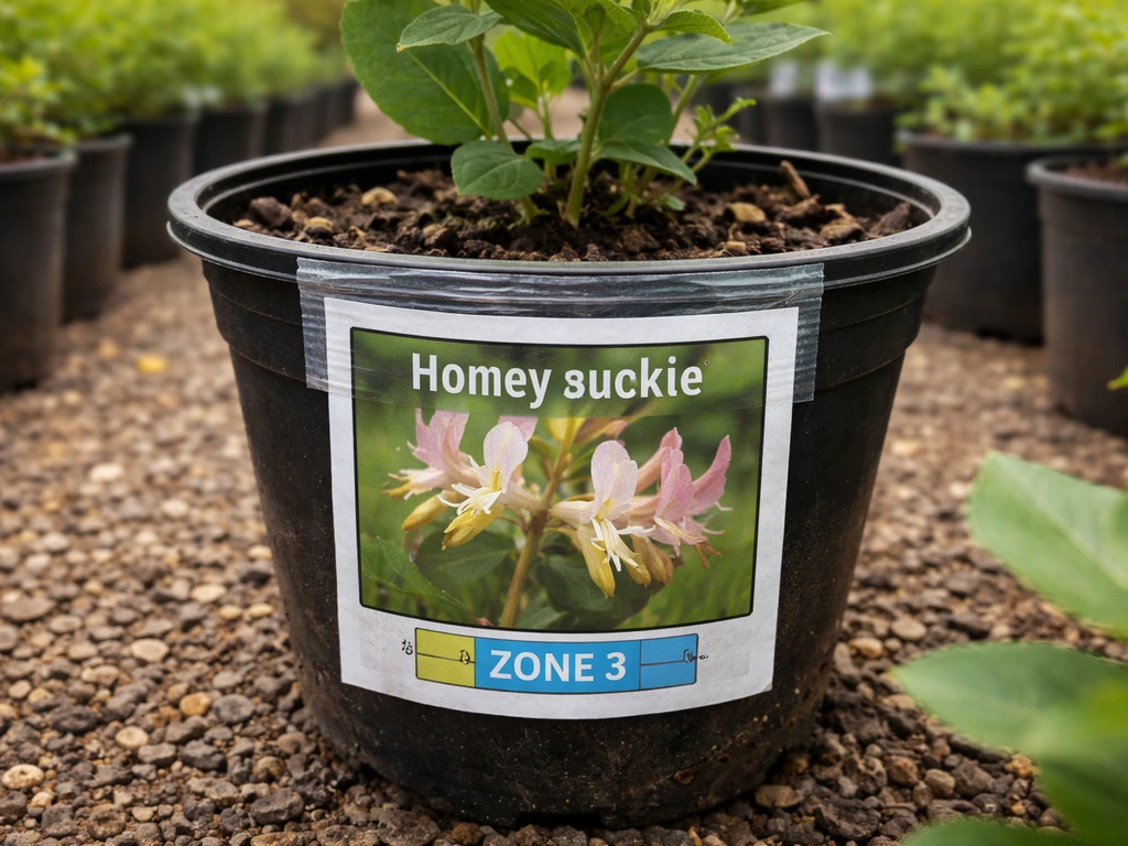 Close-up of a plant nursery label showing a hardiness zone number on a honeysuckle pot outdoors in Minnesota