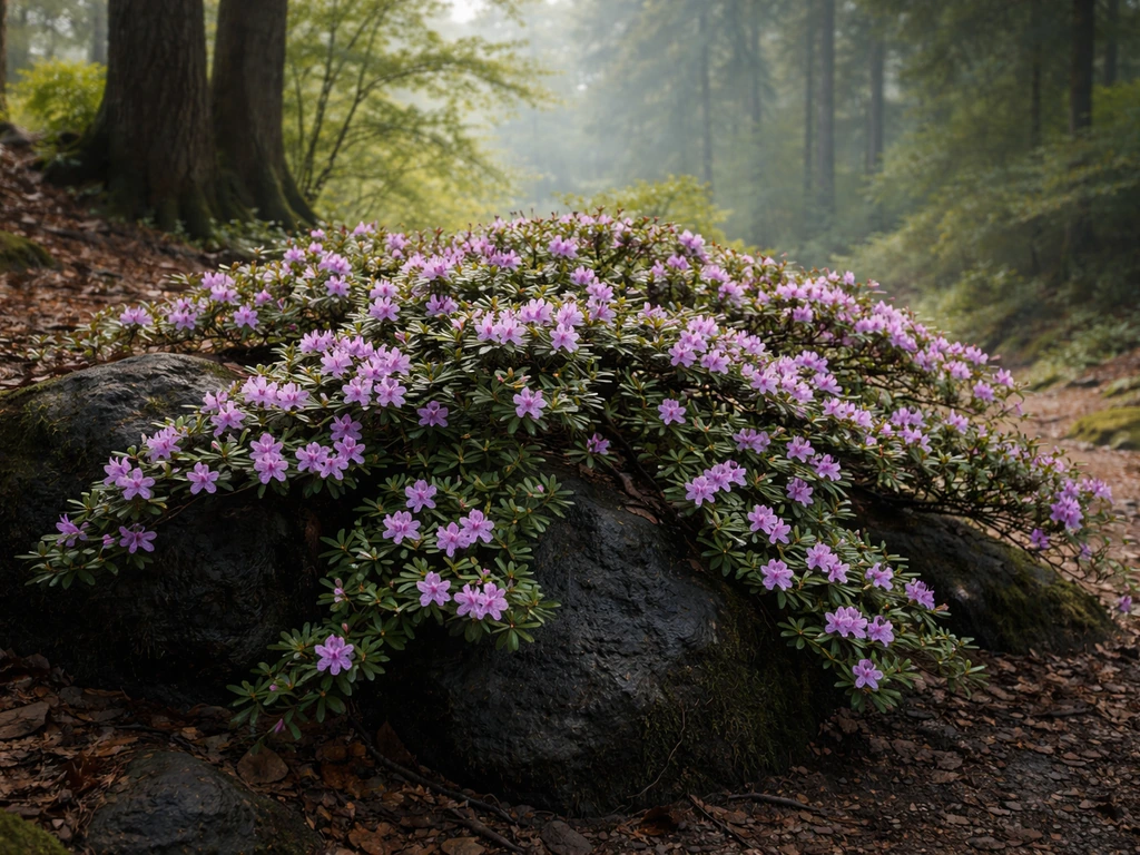 Evergreen trailing Satsuki azalea draped over rocks in a misty Japanese woodland.