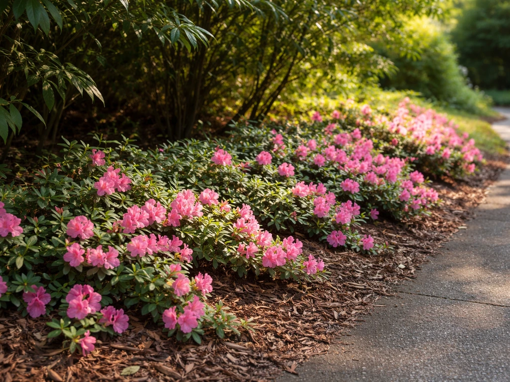 Trailing azaleas in dappled morning light with afternoon shade over a mulched garden bed.