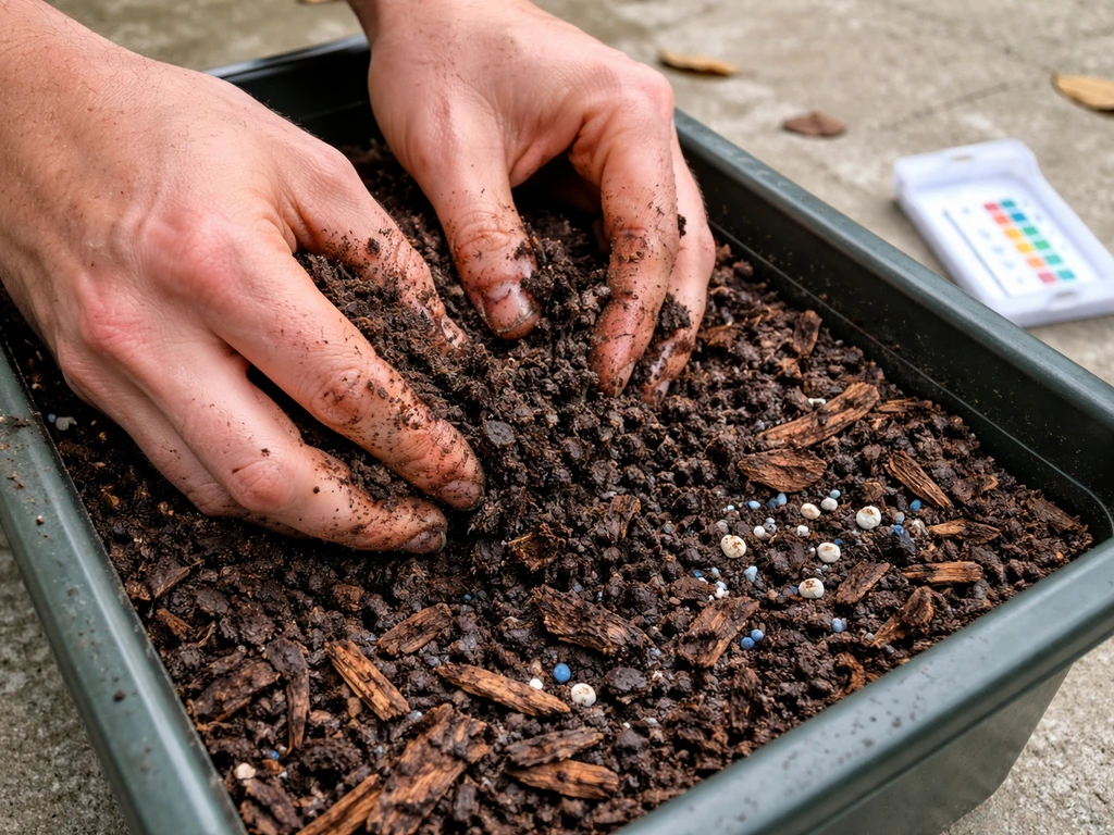 Close-up of damp acidic soil with pine bark and a soil test strip kit beside it.