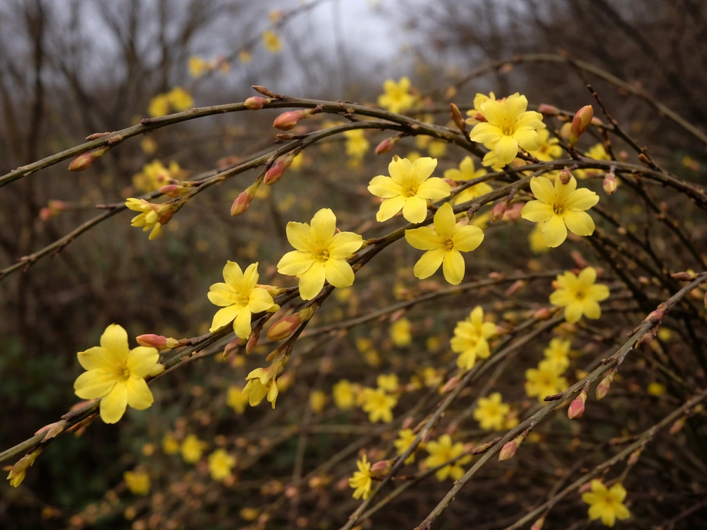 Winter jasmine blooms on bare stems in Tennessee late winter, bright yellow flowers against a muted garden background.