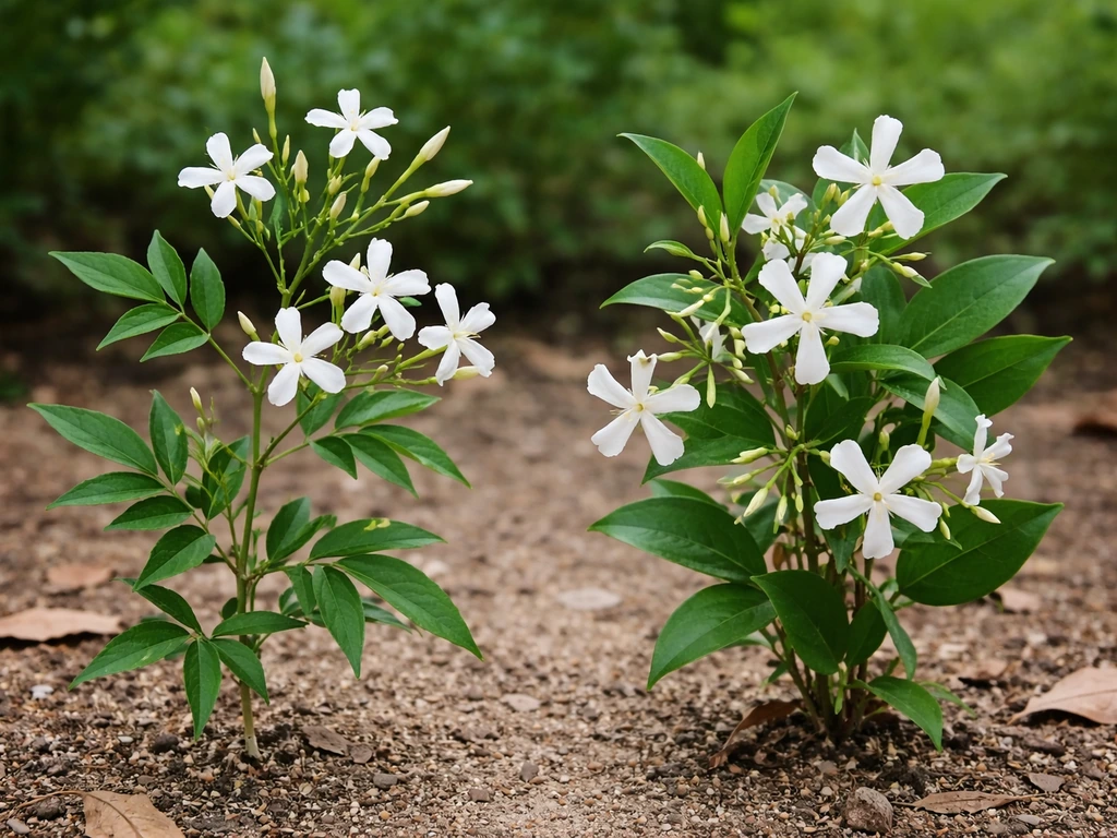 Close-up comparison of true jasmine and star jasmine leaves and blossoms on a simple garden background.