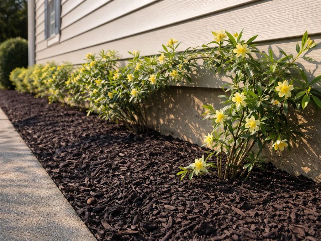 Established winter jasmine vine along a home's foundation bed with mulch and morning sun