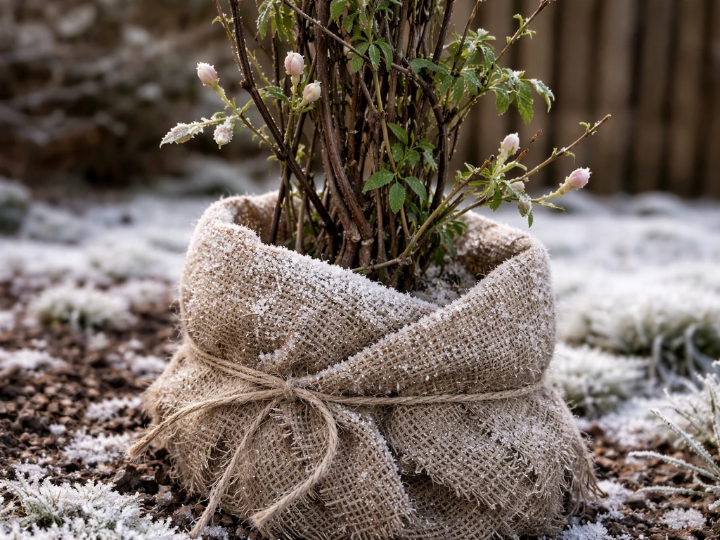 Jasmine vine protected with burlap in a frosty garden, showing survival in cold weather.