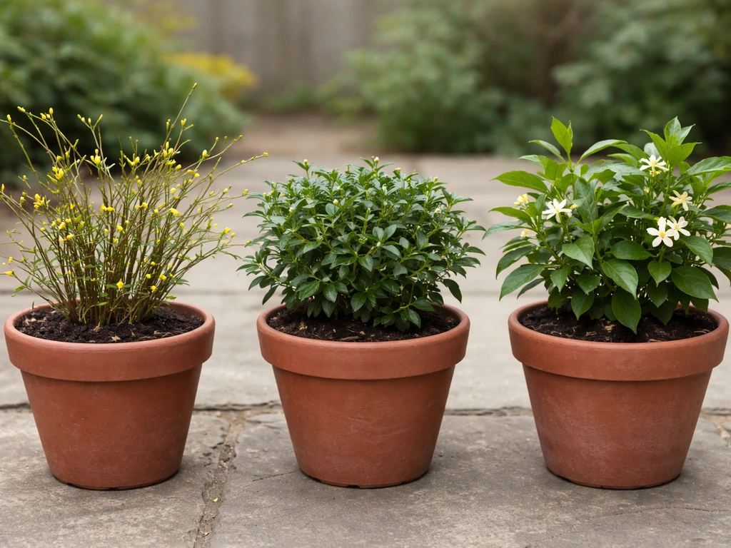 Three hardy jasmine plants in pots outdoors, showing winter and star jasmine in a simple row