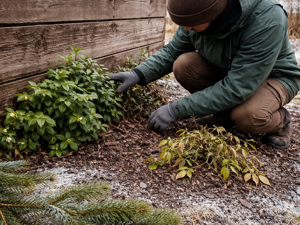 Gardener’s hands inspecting a jasmine plant near a wind-exposed fence on a cold-weather day