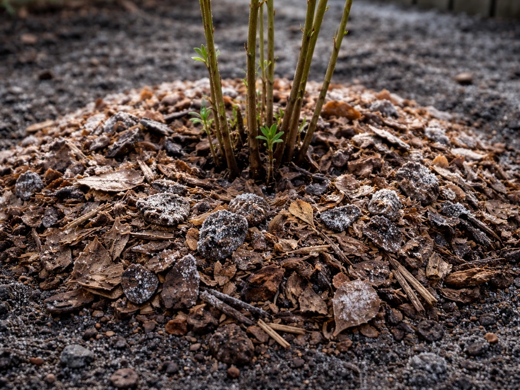 Close-up of mulch and shredded leaves layered around jasmine base after frost