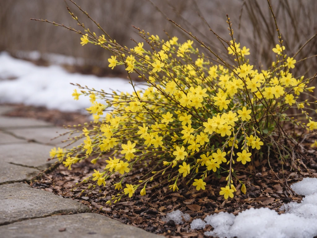Yellow winter jasmine blooming in an Ontario garden with thawing snow and bare branches.