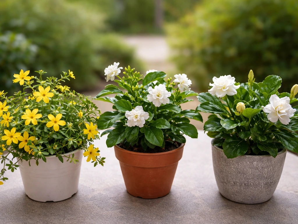 Three potted jasmine lookalikes side-by-side showing different flower shapes and leaves