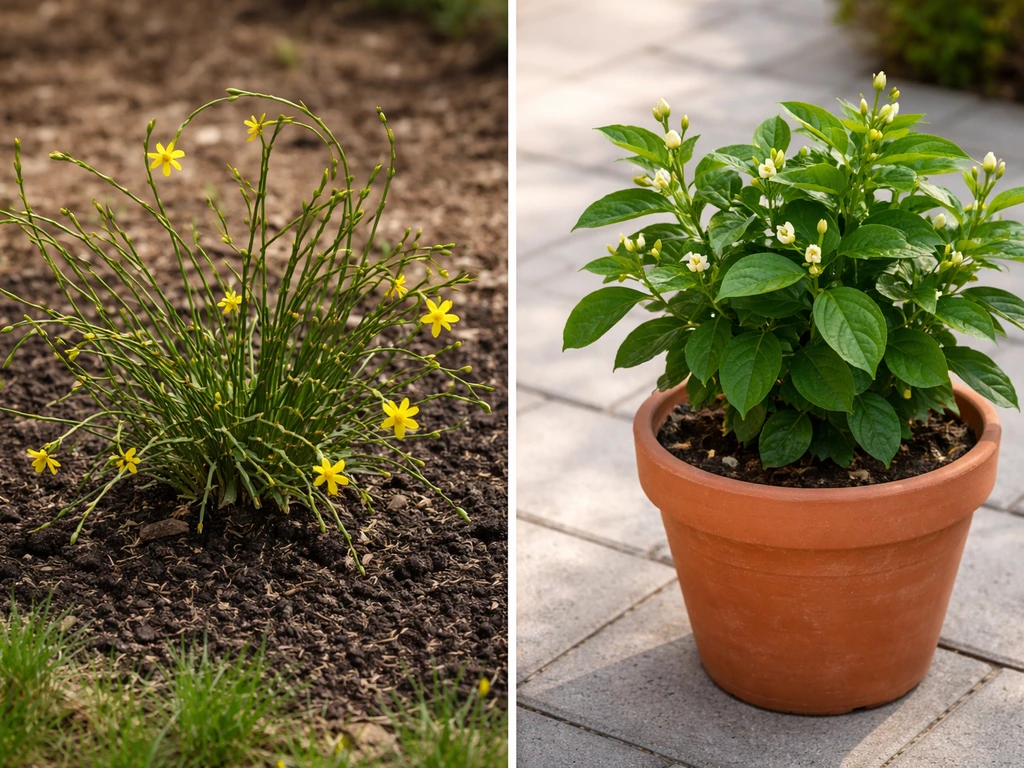 Side-by-side winter jasmine in garden soil and Arabian jasmine in a terracotta pot on a patio