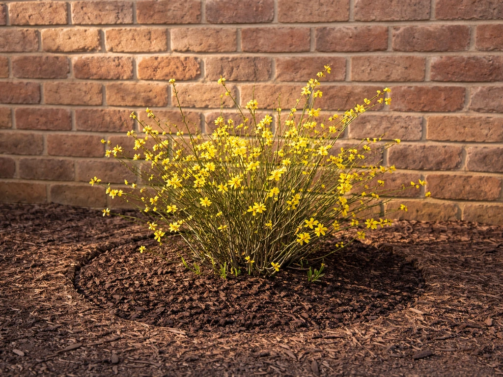 Winter jasmine shrub planted in ground at a brick wall base with a visible mulch ring.