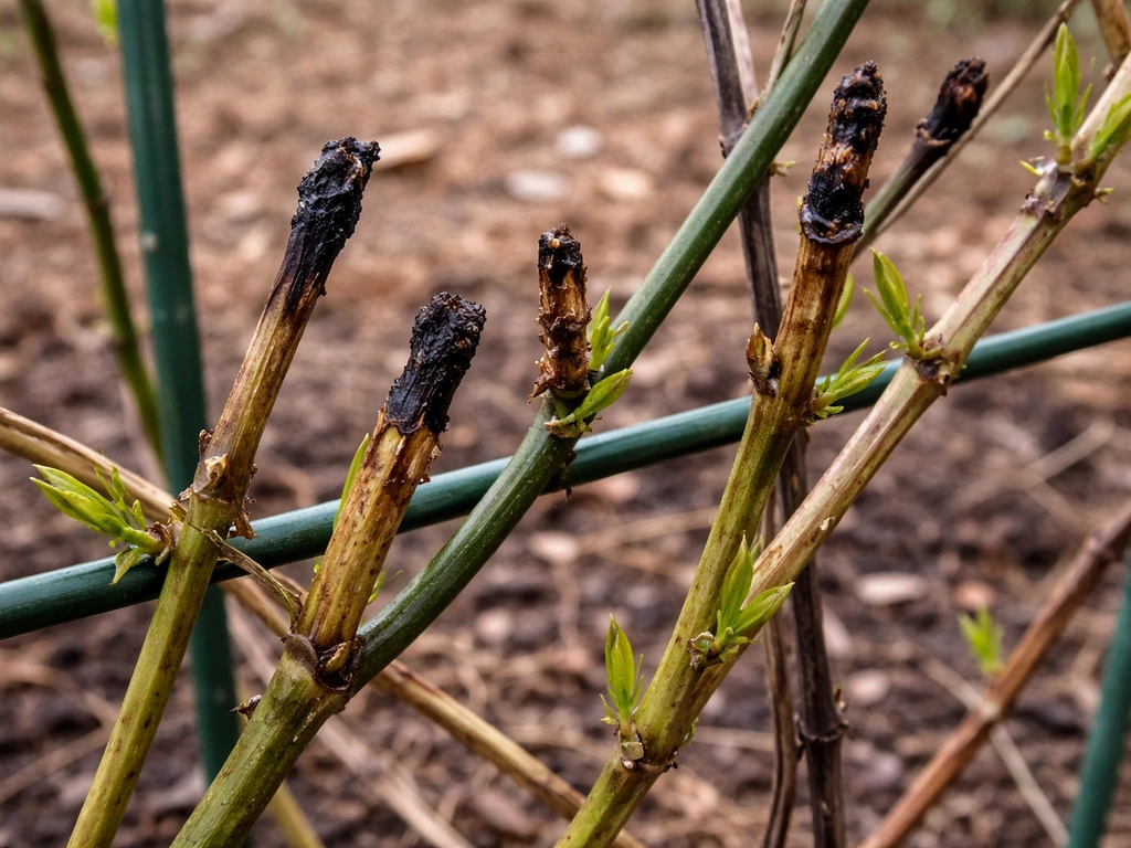 Outdoor jasmine stems showing blackened freeze-damaged tips beside healthy green growth after a cold snap.