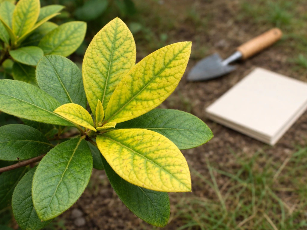 Close-up azalea leaves with yellowing between veins and greener veins, outdoors with simple garden tools nearby.