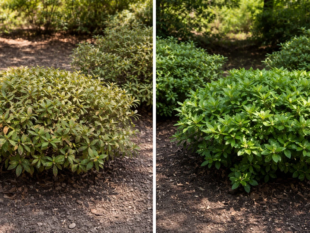 Split photo of evergreen azaleas in harsh sun with scorched leaves versus healthy ones in dappled light
