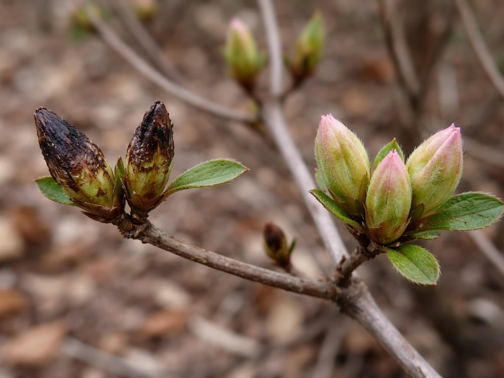 Close-up of azalea branch showing dark, scarred winter flower buds beside healthier buds.