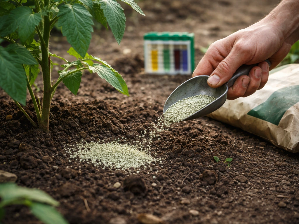 Gardener’s hands sprinkling iron sulfate or sulfur onto soil beside a pH test kit