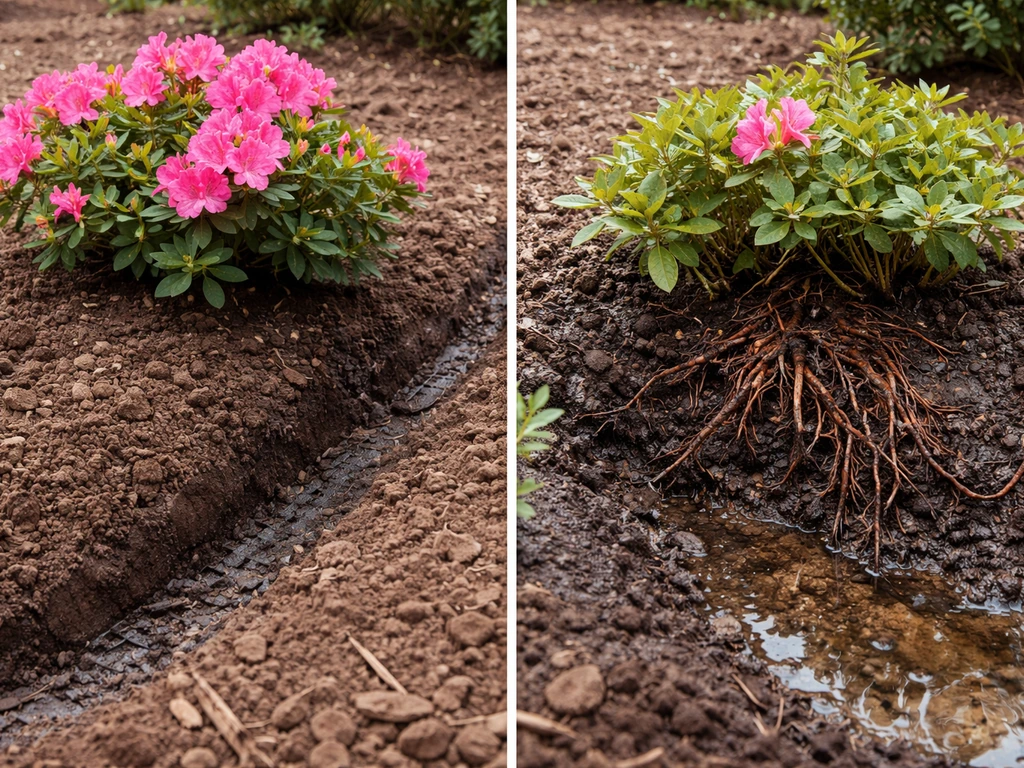 Side-by-side azalea in well-drained raised soil versus waterlogged soil showing stressed, rotting roots.