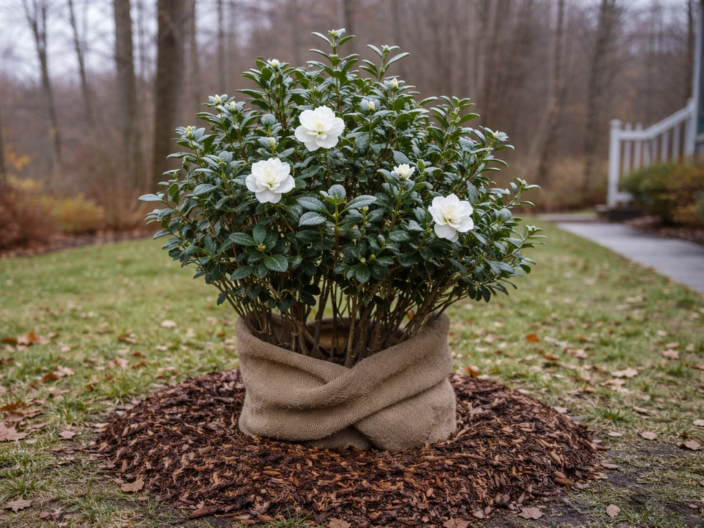 Gardenia shrub outdoors in cold weather with mulch and burlap wrap protecting it in a Pennsylvania yard.