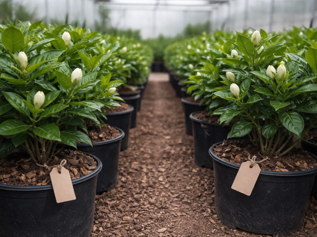 Cold-tolerant gardenia shrubs in a nursery with small plant tags, minimal natural light scene.