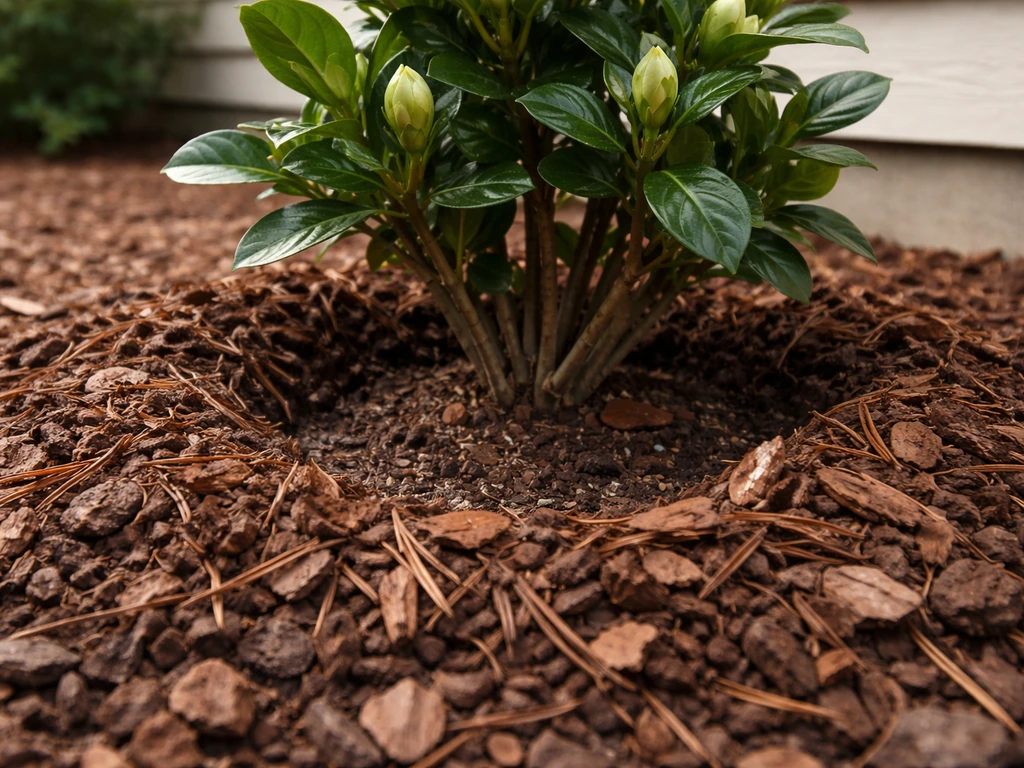Close-up of gardenia base with pine bark mulch piled around roots, crown left clear