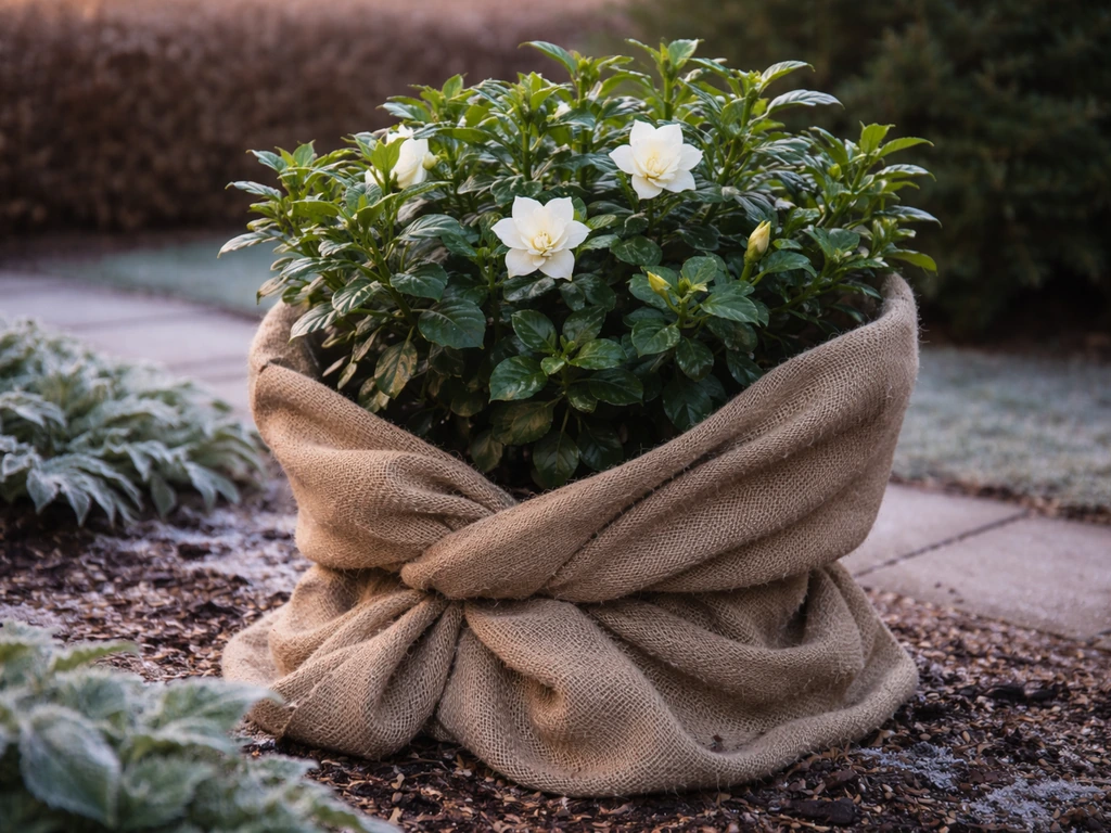 Gardenia shrub loosely wrapped in breathable burlap with light frost nearby, no plastic covering visible.