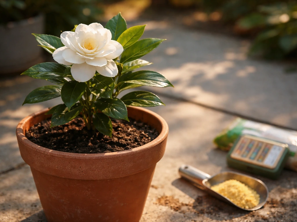 White gardenia bloom in morning sun with a small glimpse of acidic-soil prep items nearby