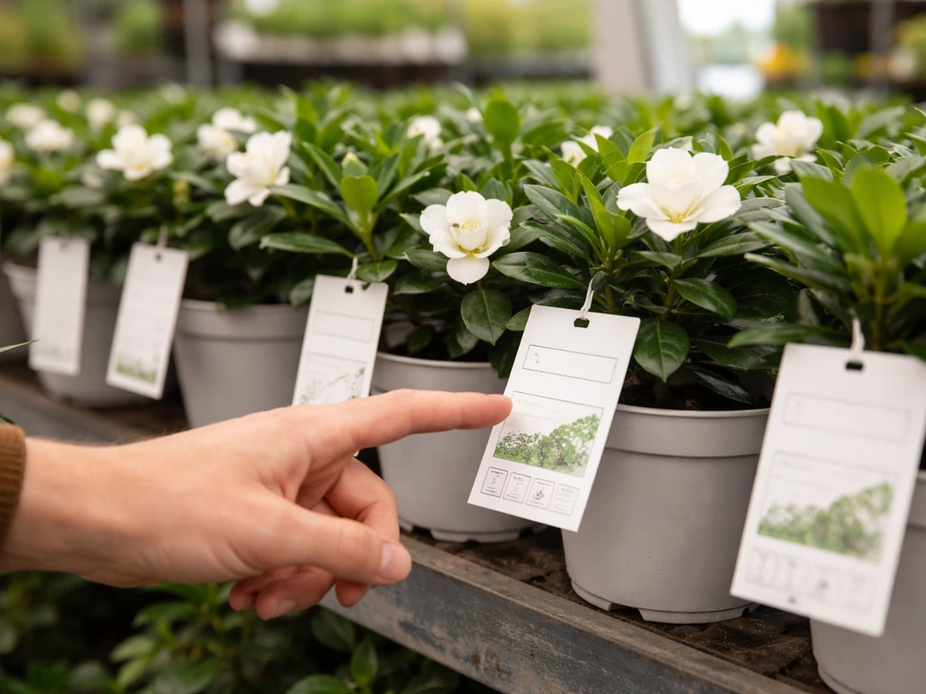 Close view of a nursery plant counter with labeled gardenia tags and a shopper’s hand pointing at them
