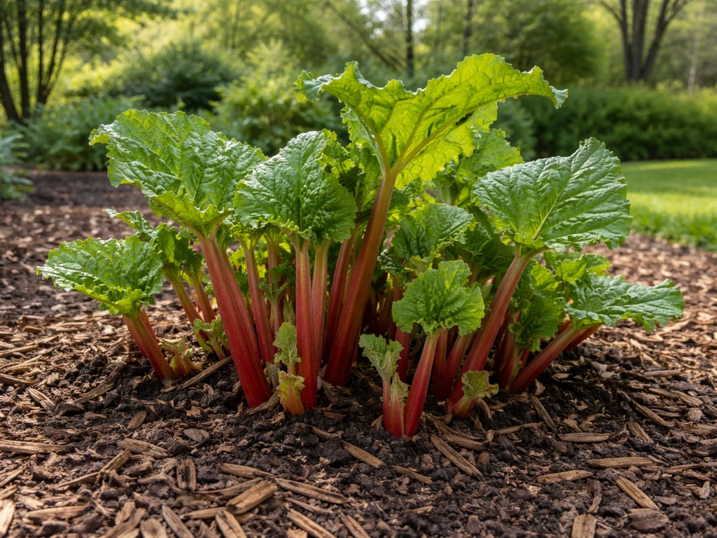 Rhubarb stalks with red-green stems emerging from a garden bed in early spring sunlight.