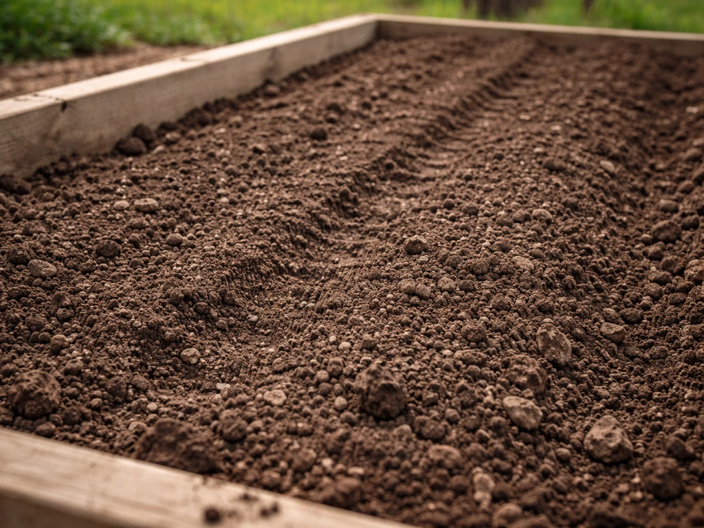 Close-up of well-prepared, crumbly soil in a raised Tennessee garden bed with drainage-focused rows