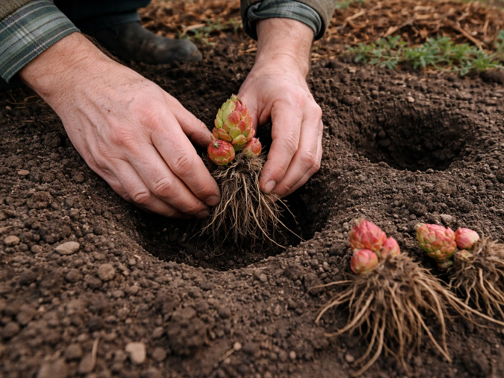 Hands gently placing a rhubarb crown into a shallow prepared hole in garden soil.