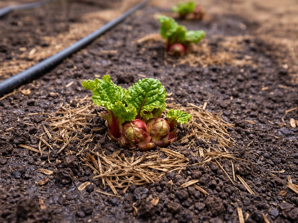 Rhubarb crowns in an early spring bed with fresh green shoots emerging from dark, moist soil