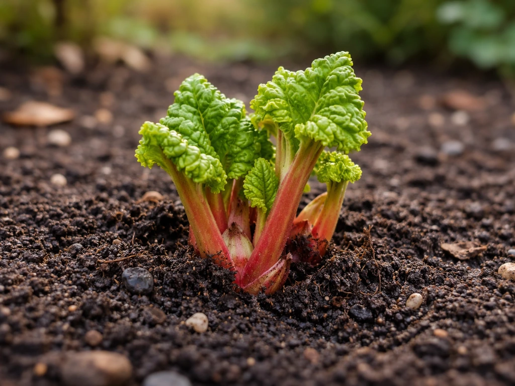 Close-up of fresh rhubarb regrowth leaves emerging from dark soil in early fall garden