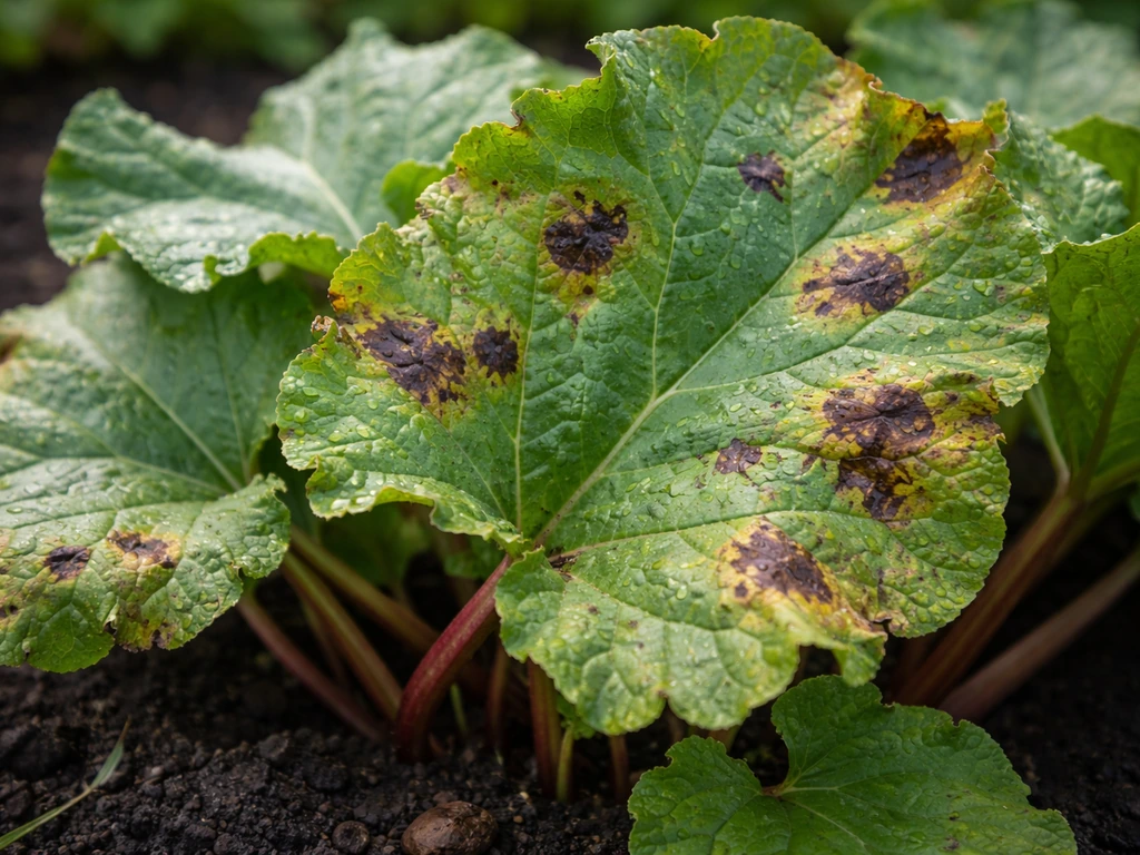 Close-up of rhubarb leaves showing brown and black leaf spots with mild yellowing in a garden.
