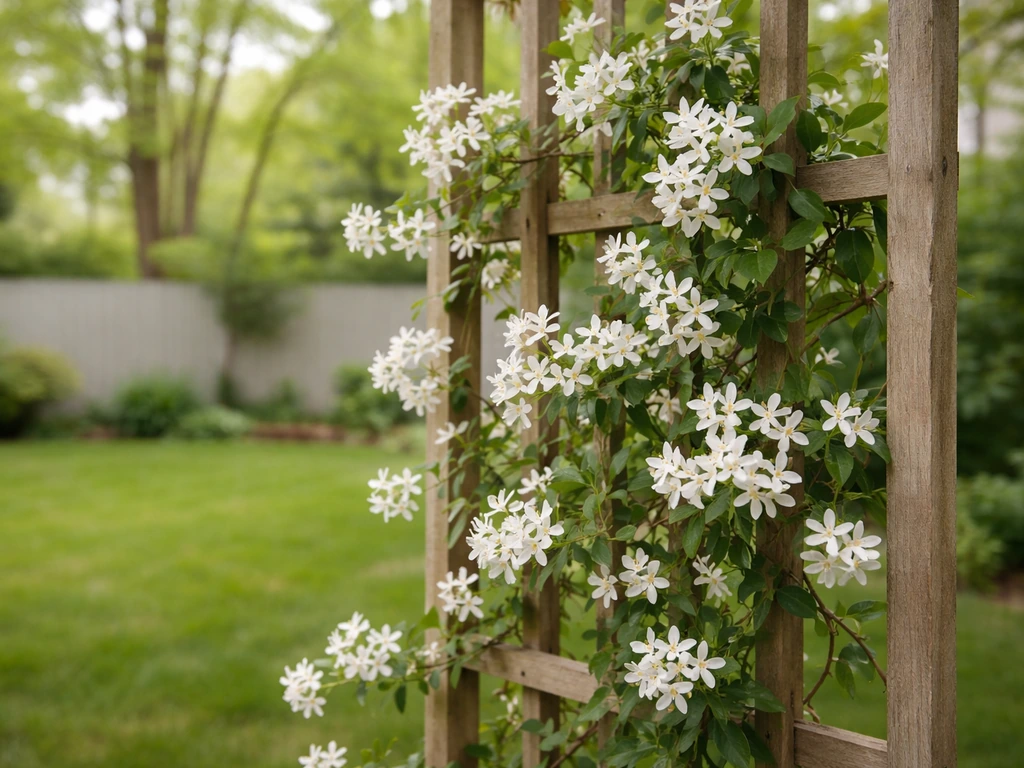 Star jasmine vine with white star blossoms climbing a garden trellis in a Pennsylvania backyard.