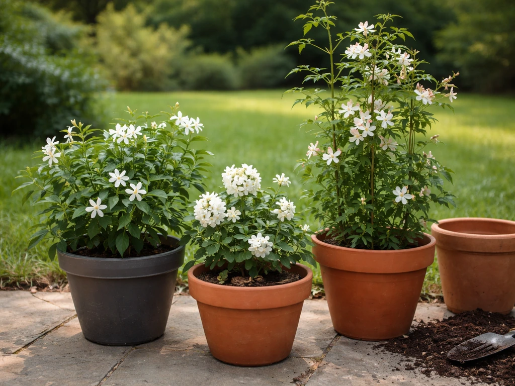 A simple close-up of jasmine vines and blossoms beside a few small potted plants outdoors in Pennsylvania.