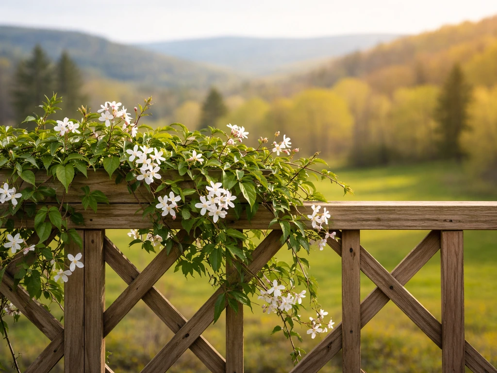 Jasmine vine on a trellis against a softly blurred Pennsylvania countryside with cool-to-warm zone-like color shift.