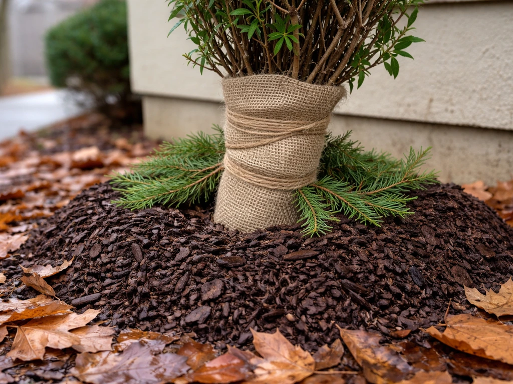 Star jasmine vine protected for winter with heavy mulch and burlap wrapping at a Pennsylvania home