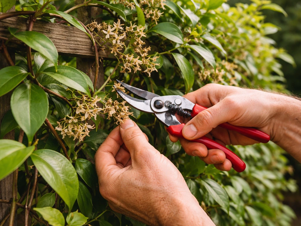 Gardener’s hands trimming star jasmine vines with pruning shears in a backyard garden.