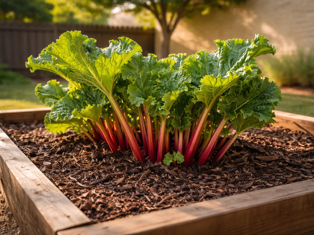Fresh rhubarb stalks in a mulched raised garden bed in a sunny Texas yard