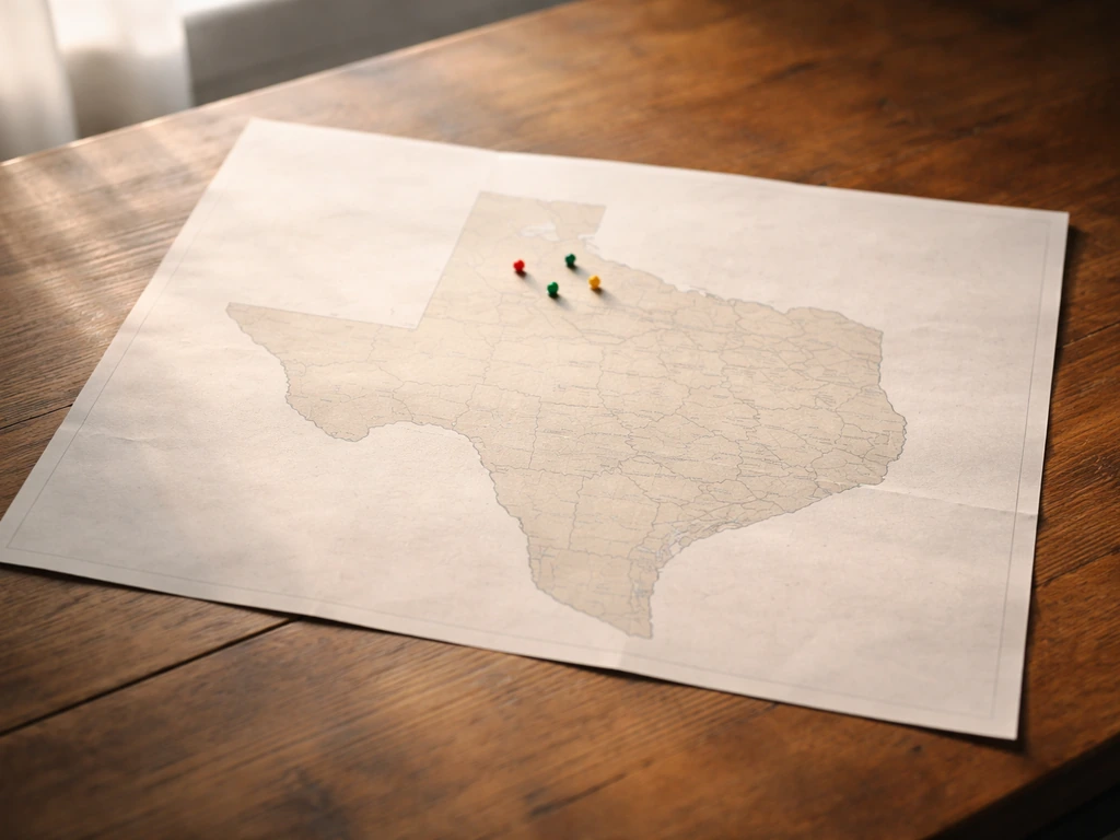 Minimal tabletop view of a Texas map with highlighted zones suggesting cooler areas for rhubarb.