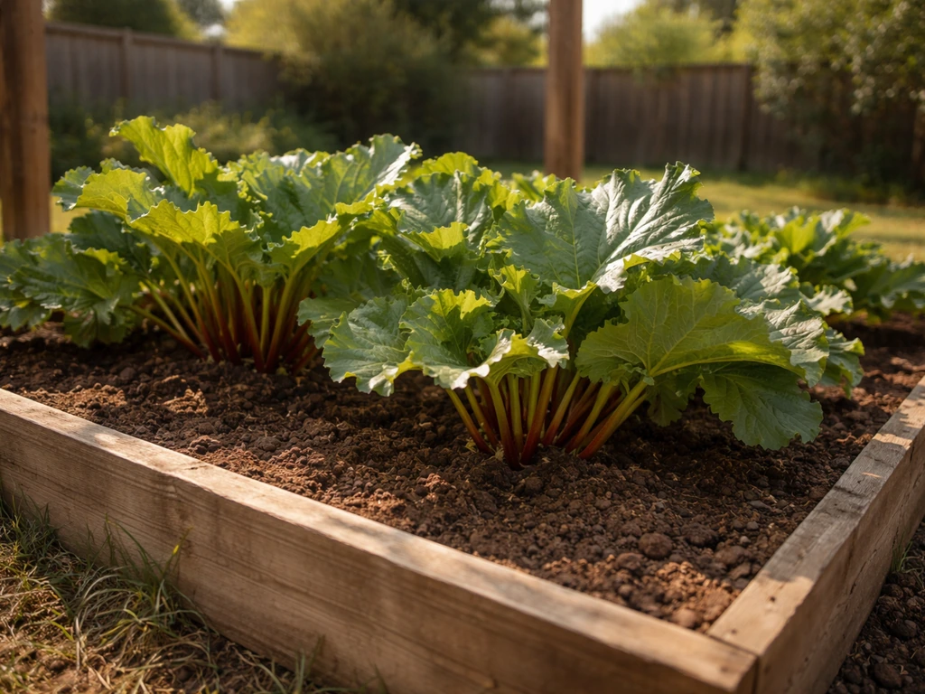 Rhubarb bed in a Texas garden catching morning sun with late-afternoon shade from a nearby structure.