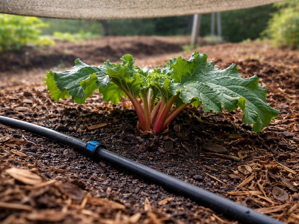 Rhubarb crown surrounded by mulch with nearby drip irrigation in a Texas garden bed.