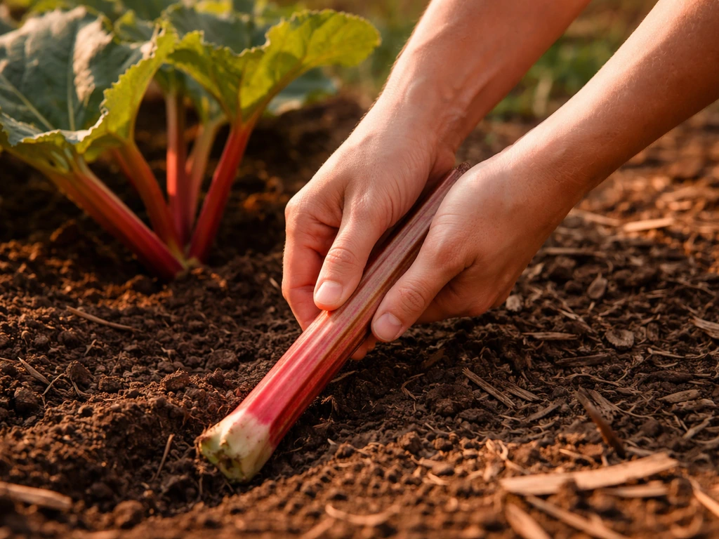 Hands twisting rhubarb stalks at the base in a Texas garden bed before hot weather