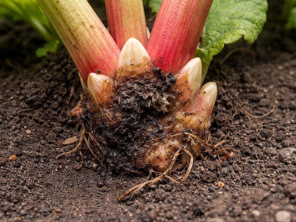 Close-up of a rhubarb crown at soil level showing dark, softened rot beside healthy firm tissue.