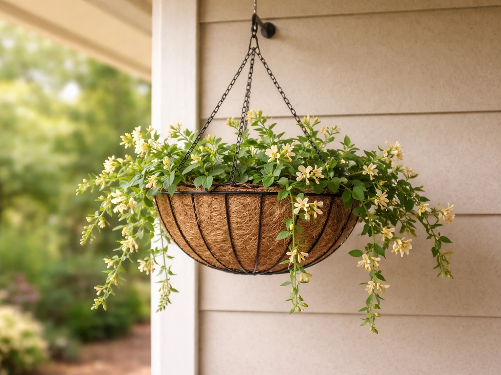 Compact honeysuckle trained in a hanging basket, trailing over the rim in warm patio light.