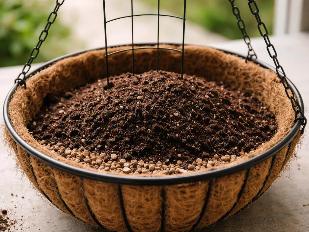 Close-up of a hanging honeysuckle basket showing drainage layer, potting mix, and a small trellis stake.