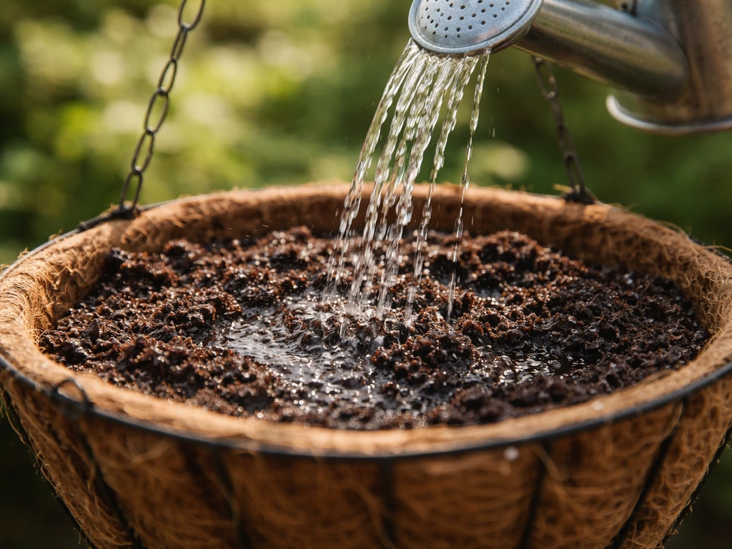 Close-up of a hanging basket being watered thoroughly, potting mix soaking in gentle sunlight.