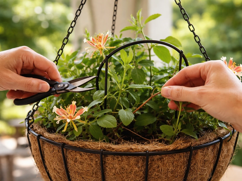 Hands pruning and training a hanging honeysuckle vine with shears and ties to a support ring.