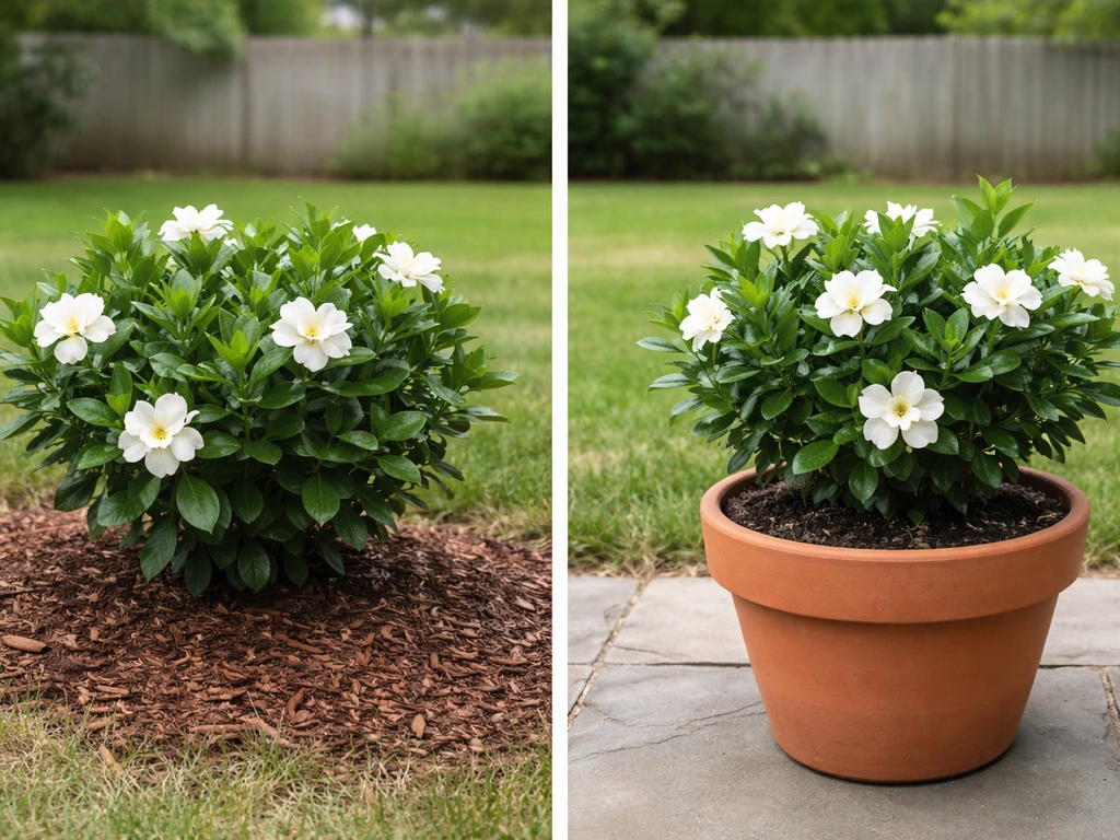 Side-by-side gardenia showing in-ground planting on left and container planting on right.