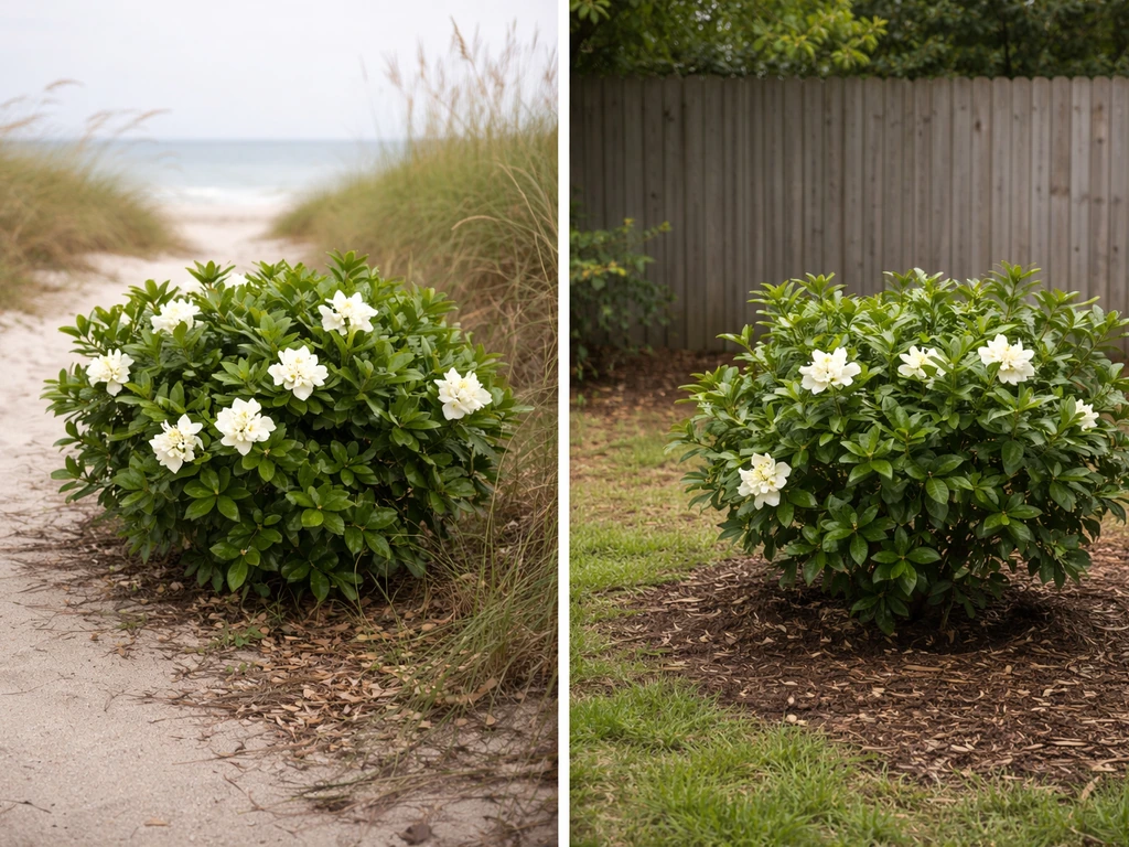 Two gardenia plants in a split natural setting—near-beach maritime light versus inland colder yard.